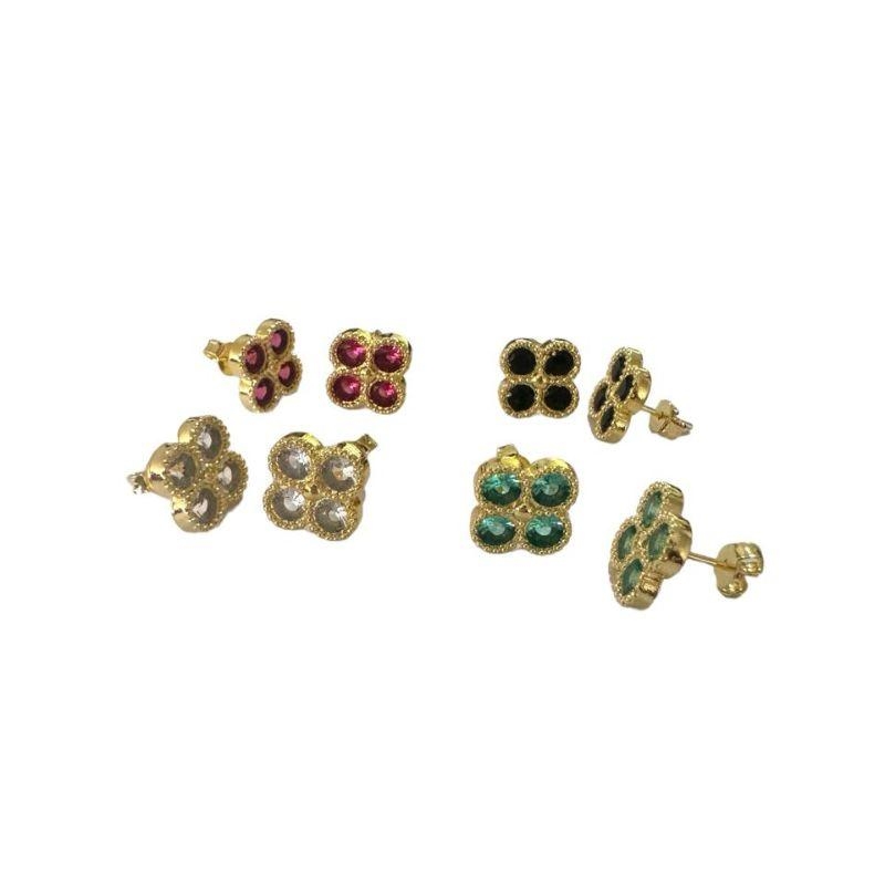 Brinco Fixo Flor 4 Petalas Zirconia Multicor