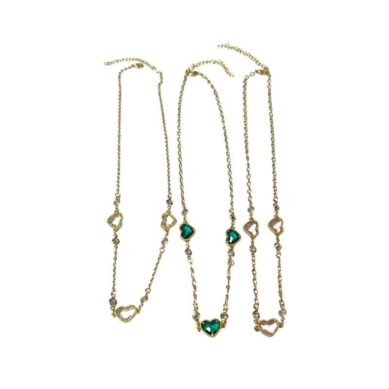 Corrente 3 Corações c/ Zirconia /Verde/Rosa/Cristal