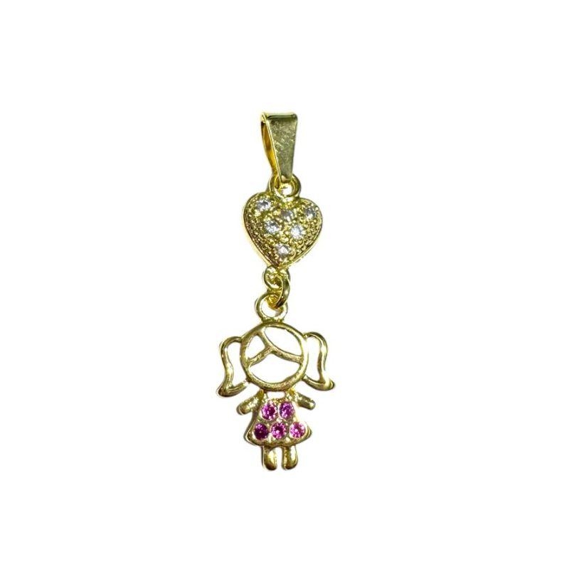 Pingente 1 Coração Cravejado C/ 1 Menina Pedra Rosa