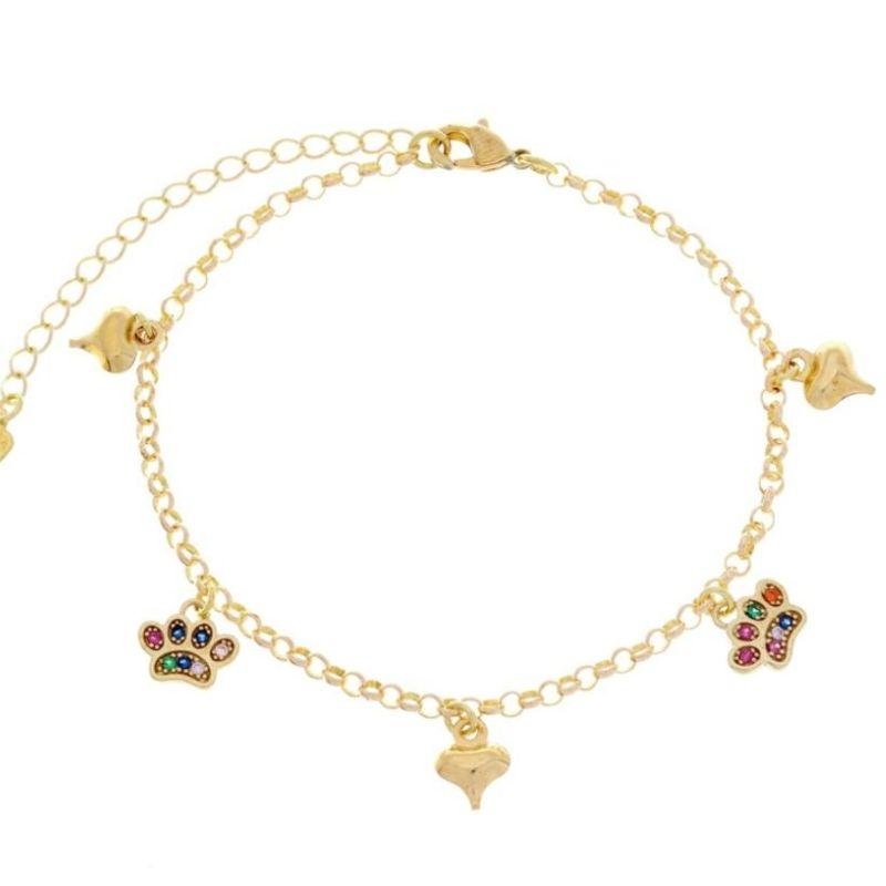 Pulseira 3 Coração Liso C/ 2 Patinha Cravejada Multicor