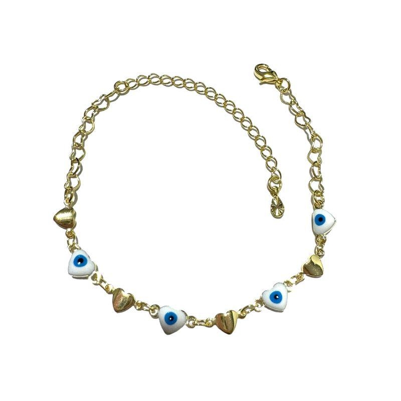 Pulseira Coração Liso C/ Coração Olho Grego