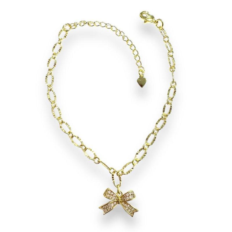 Pulseira Malha Elo C/ Pingente Laço Cravejado