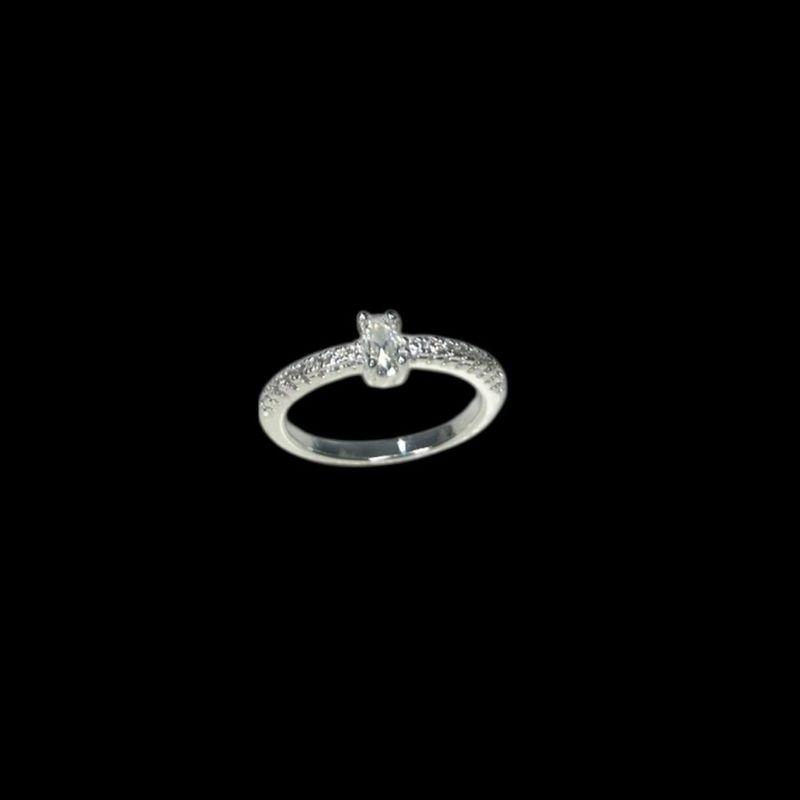Anel Prata Solitario Pedra Oval Aro Cravejado Cristal