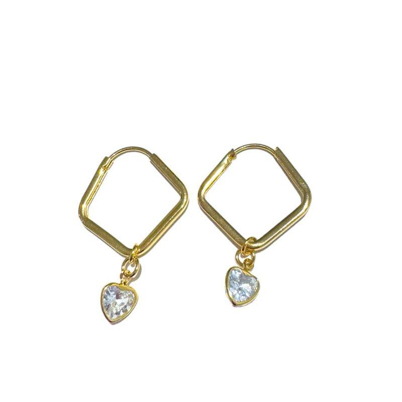 Argola Geometrica P C/ Pedra Zirconia Coração Pendurado