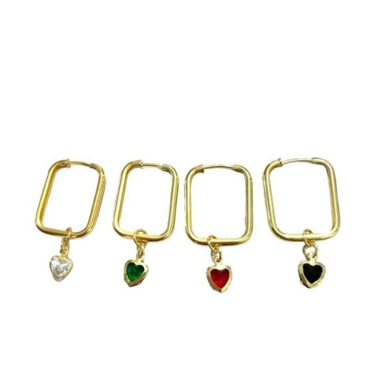 Argola Retangular C/ Pedra Zirconia Coração Multicor