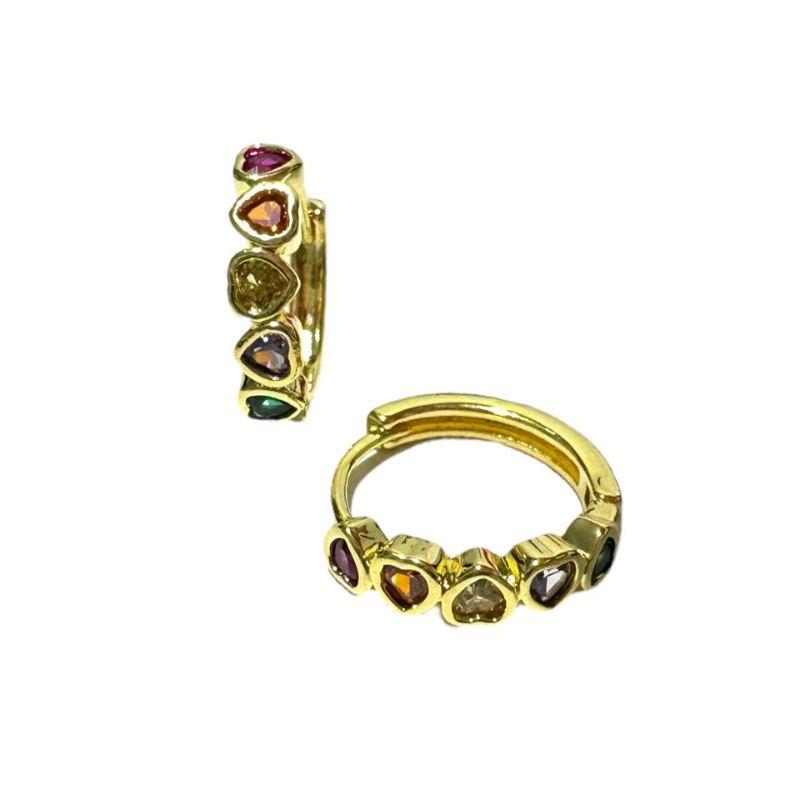Brinco Click 5 Corações Pedra Zirconia Multicor