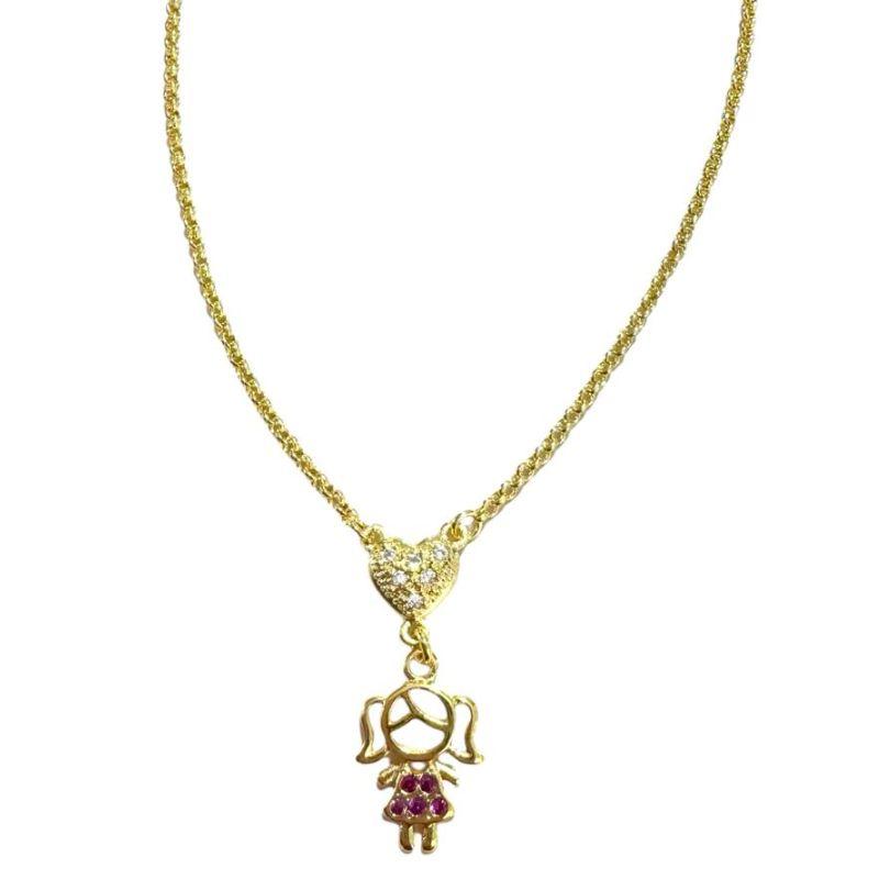 Corrente 1 Coração Cravejado C/ 1 Menina C/ Roupinha Zirconia Rosa