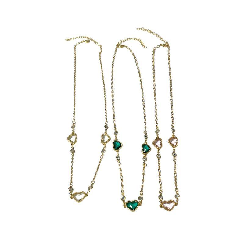 Corrente 3 Corações c/ Zirconia /Verde/Rosa/Cristal