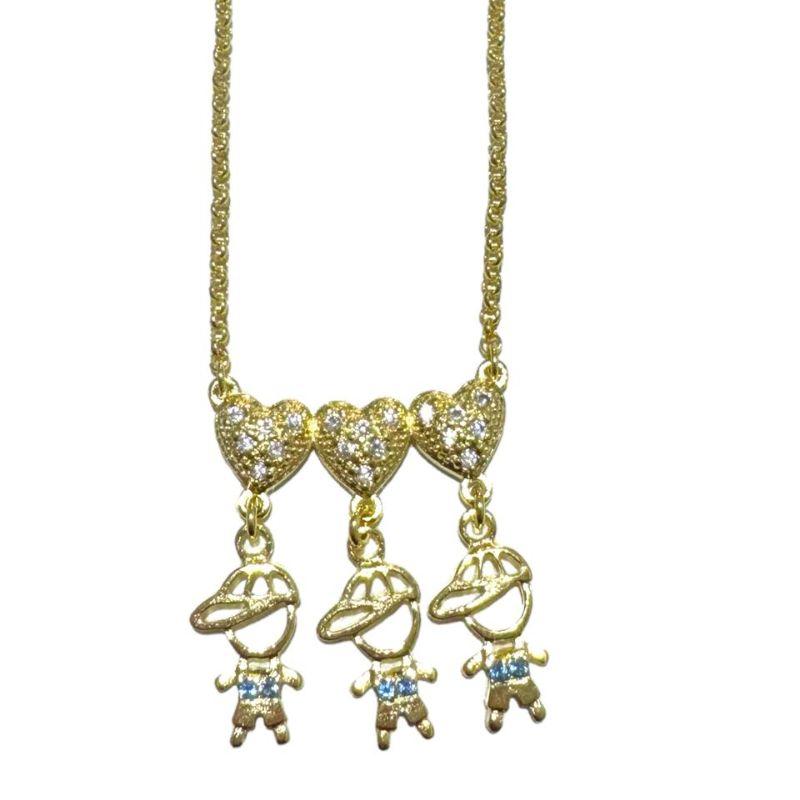 Corrente 3 Corações Cravejado C/ 3 Meninos G C/ Zirconia Azul