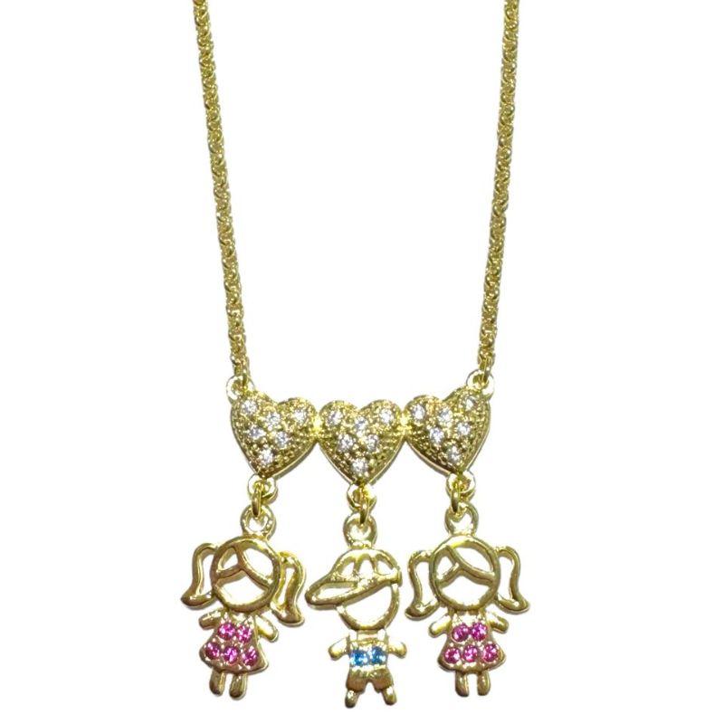 Corrente 3 Corações Cravejados C/ 2 Meninas e 1 Menino G Roupinha Zirconia Multicor