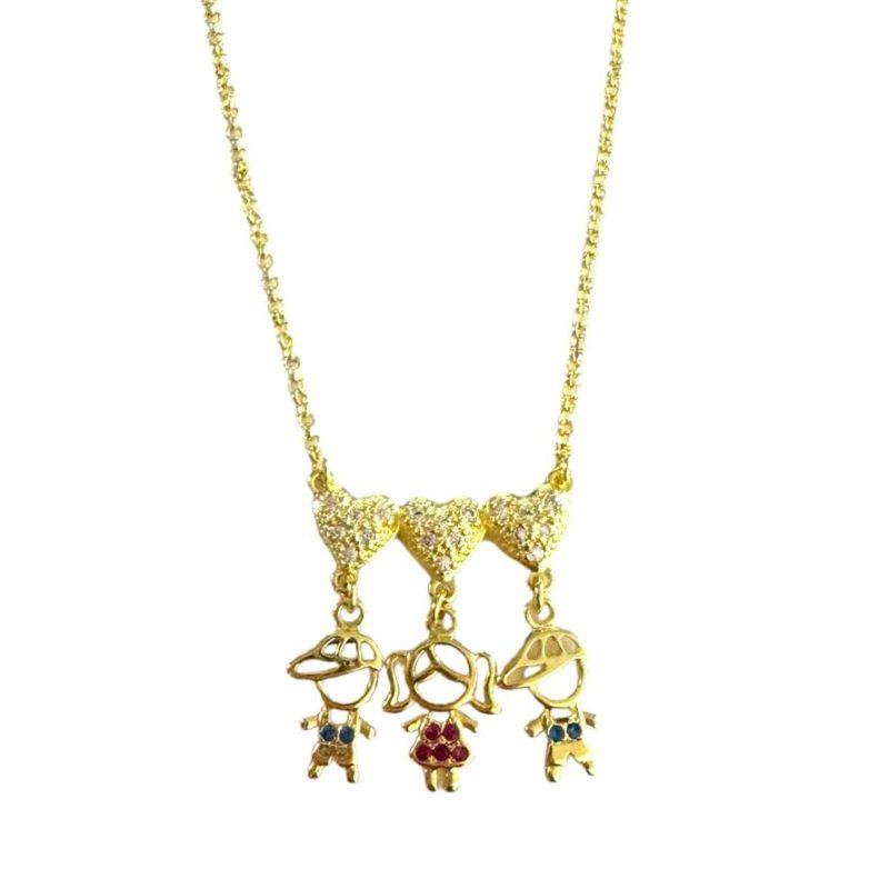 Corrente 3 Corações Cravejados C/ 2 Meninos e 1 Menina G Roupinha Zirconia Multicor