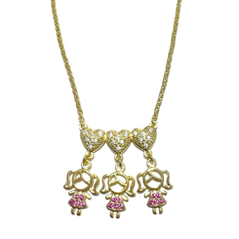 Corrente 3 Corações Cravejados C/ 3 Meninas G Roupinha Zirconia Rosa