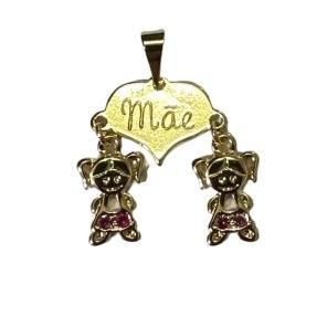 Pingente Coração Mãe 2 Meninas C/ Pedras