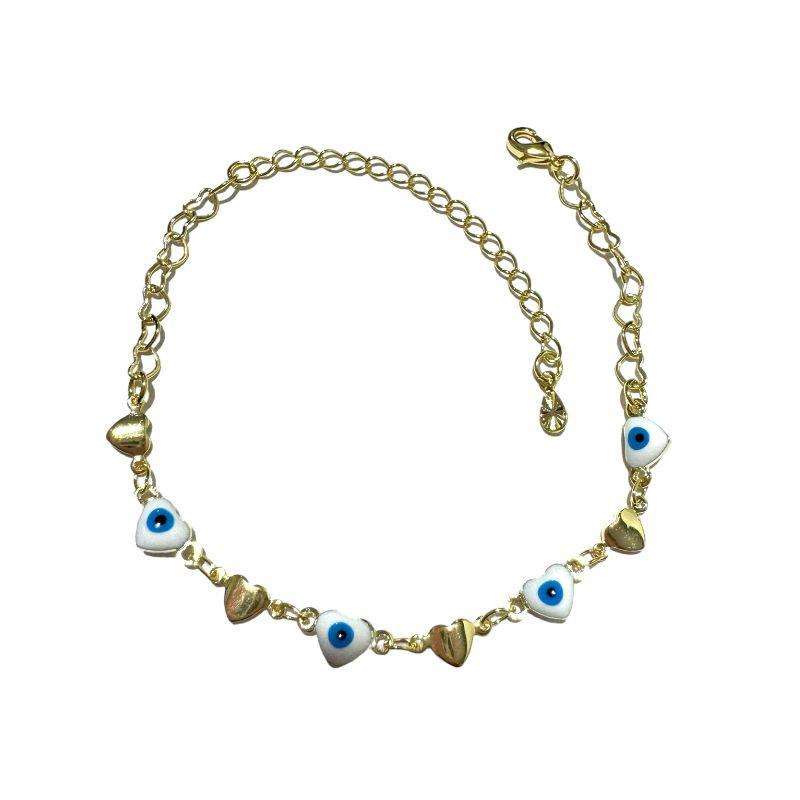 Pulseira Coração Liso C/ Coração Olho Grego