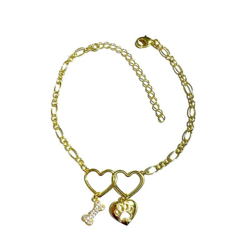 Pulseira Coração Vazado Pet Com Osso Cravejado
