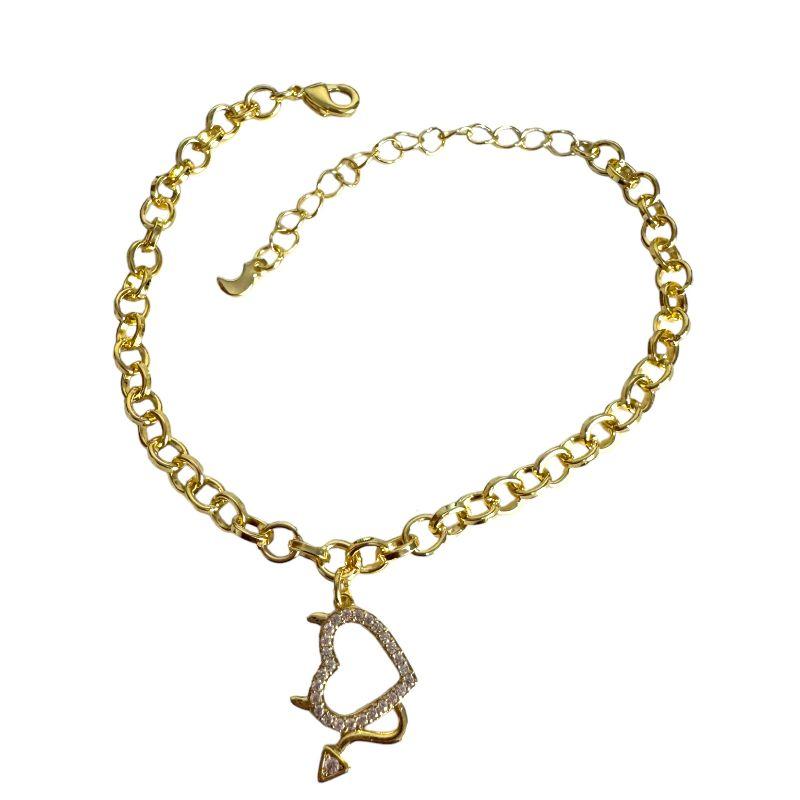 Pulseira Elo Portugues G C/ Coração Cravejado Vazado C/ Seta e Chifrinho