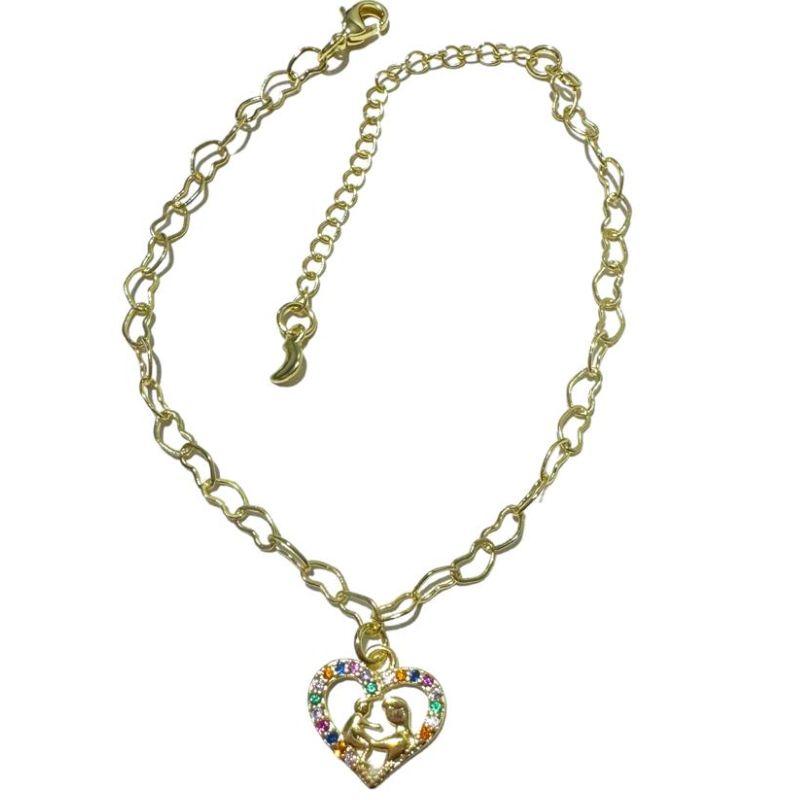 Pulseira Malha de Coraçãozinho C/ Mãe e Filhoem Coração Zirconias