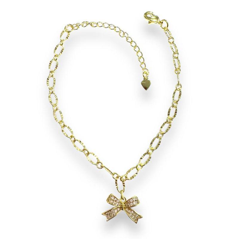Pulseira Malha Elo C/ Pingente Laço Cravejado