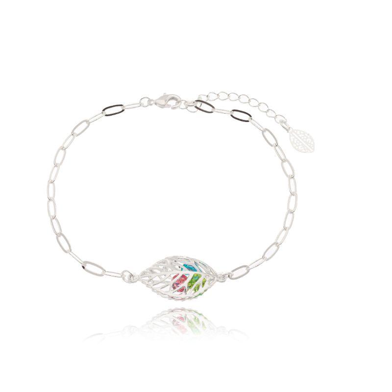 Pulseira Elos Ovais c/ Folha Vazada Pedras Zircônias Multicores