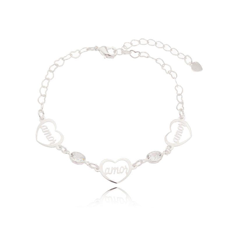 Pulseira Malha Coração Zircônia C/ Coração Escrito Amor