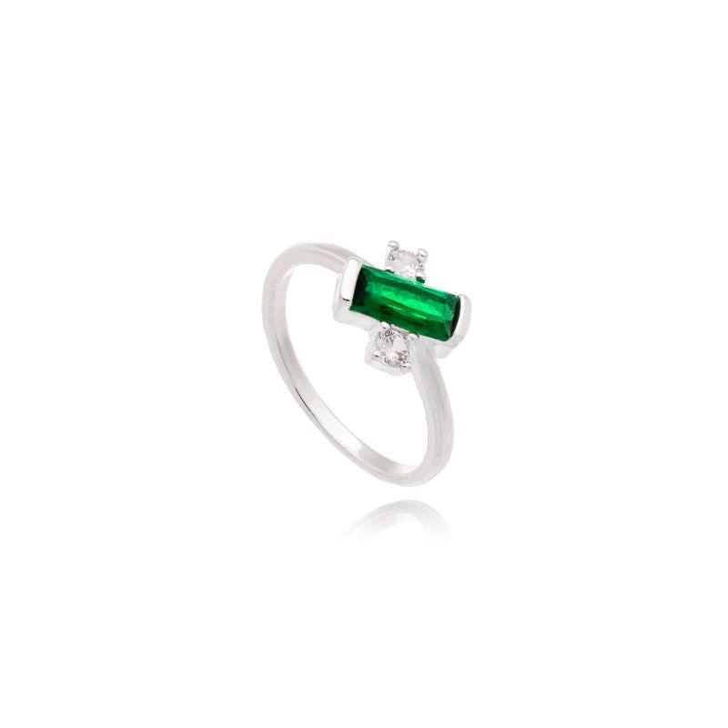 Anel Aro Liso C/ Pedra Retangular Zirconia Verde/1 Ponto de Luz De Cada Lado