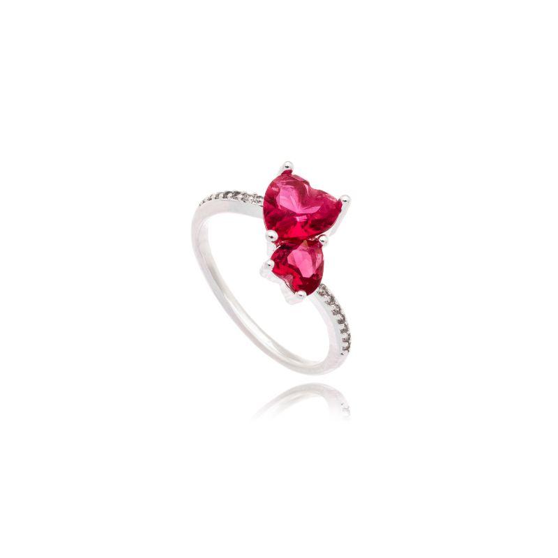 Anel Coração Duplo c/ Pedra Zirconia Rosa Aro Cravejado
