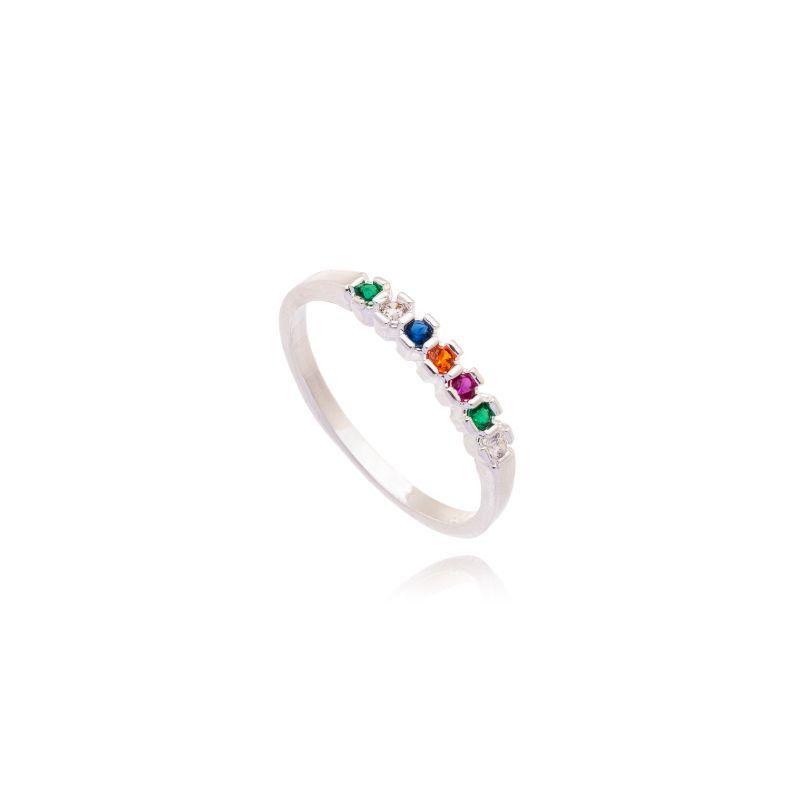 Anel Prata Aparador 7 Zirconias C/ Laterais Quadradas Coloridas