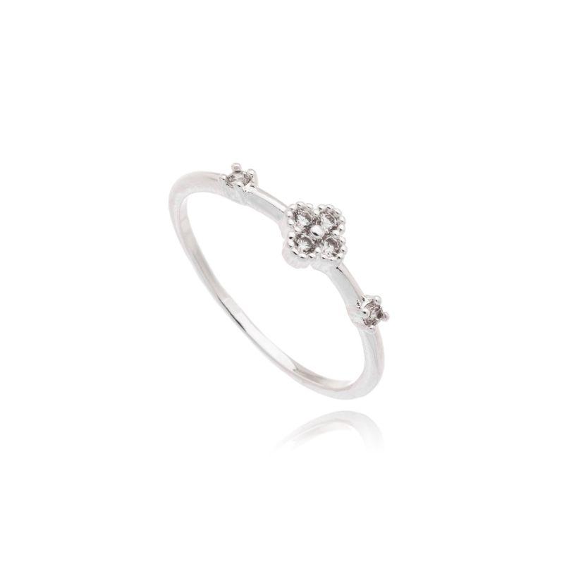 Anel Prata Aro c/ Zirconias Flor Ao Meio c/ Zirconias Cristal