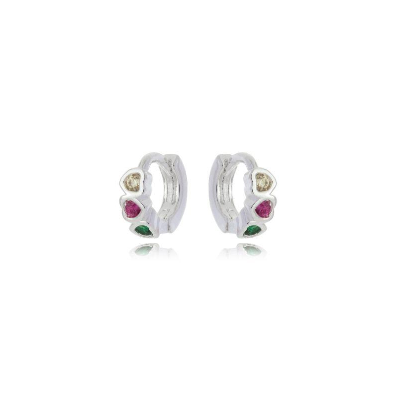 Brinco Click Argolinha C/ Corações Zirconia Multicor P