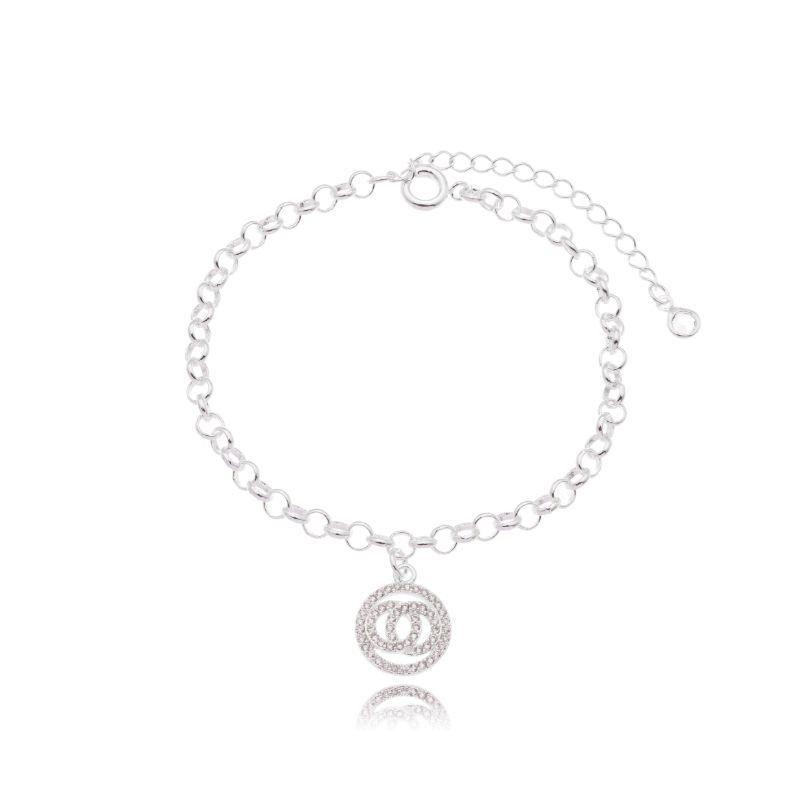 Pulseira Elo Portugues C/ Pingente Circulo Chanel Cravejado