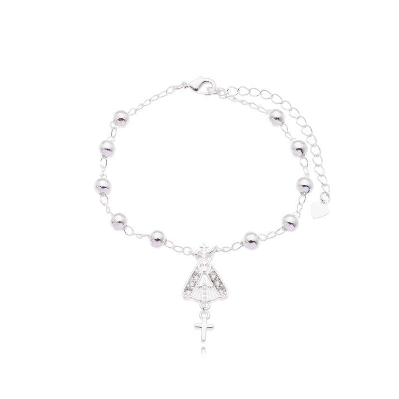 Pulseira Santinha Cristal c/ Cruz Pendurada c/ Bolinhas