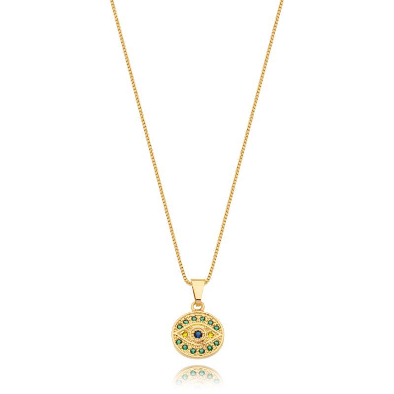 Conjunto Corrente Elo PT e Pingente Olho C/Microzirconias