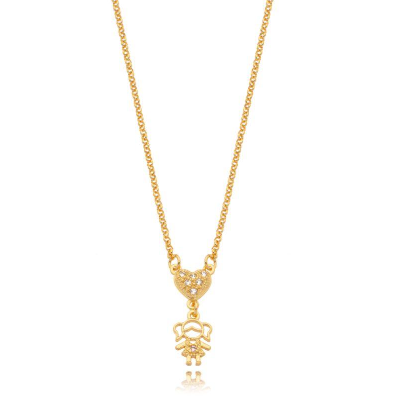 Corrente 1 Coração Cravejado 1 Menina C/ Zirconia